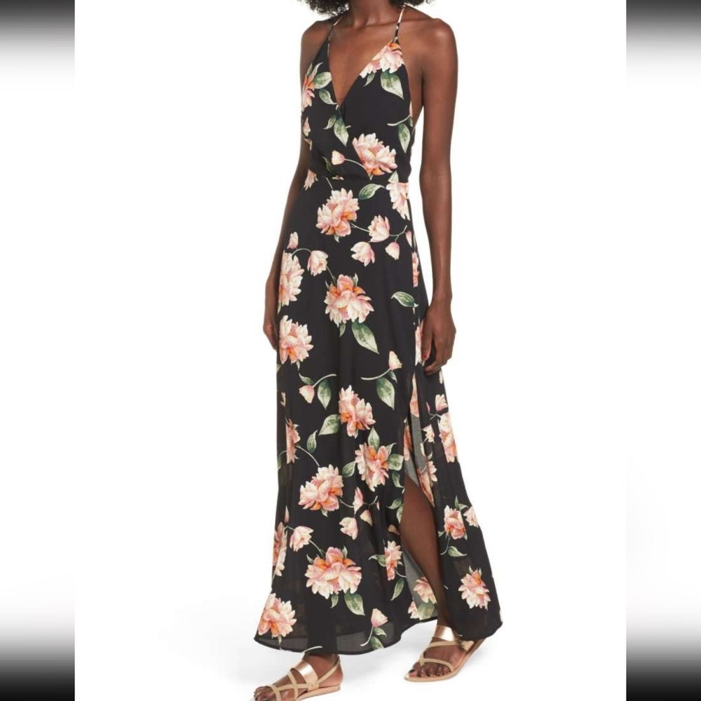 Lush Black & Peach Slit Maxi Dress, Size Small